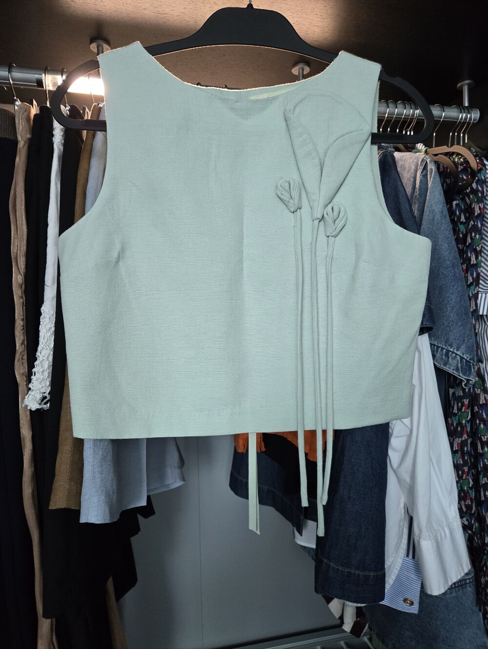 Sleeveless Mint Green Cropped Top with Floral Tie Detail